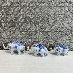 Set of 3 Blue and White Ceramic Elephants Decorative Figurines